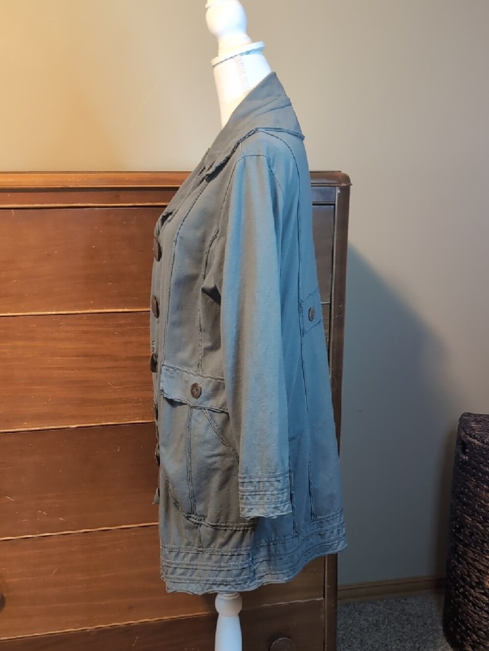 Neon Buddha Sage Green Gray Long Length Yoga Stretch Jacket Wooden Buttons XL - Picture 5 of 16